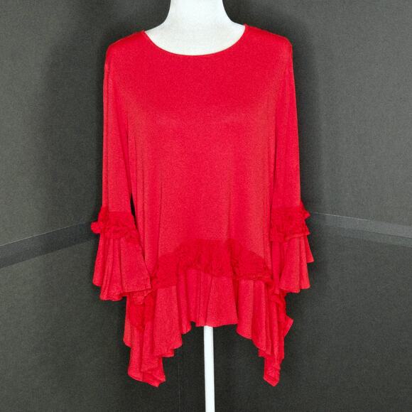 NY Collection lace ruffle assymetrical top Medium red - Picture 1 of 15